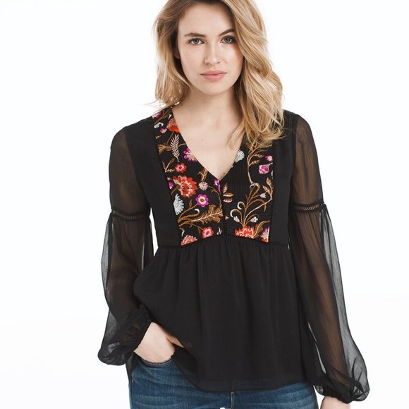 White House Black Market Tops - WHBM GORGEOUS! Floral Embroidered Blouse Black Translucent Sleeves 14
